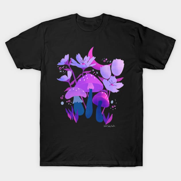 Mushrooms and Flowers Neon T-Shirt by WalkSimplyArt